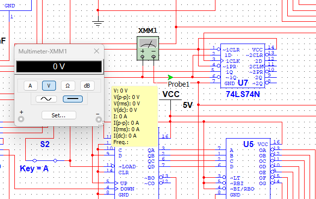 Multisim DMM Probe – 74LS74 Q' Output (Pin 6)